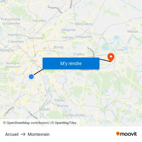 Arcueil to Montevrain map