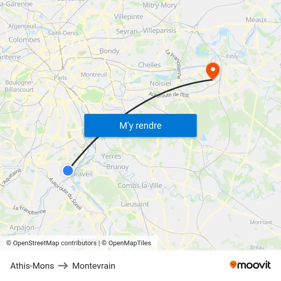 Athis-Mons to Montevrain map