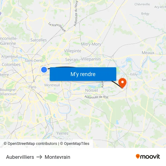 Aubervilliers to Montevrain map
