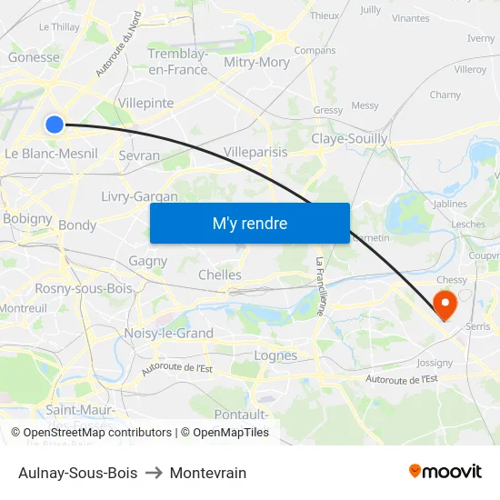 Aulnay-Sous-Bois to Montevrain map