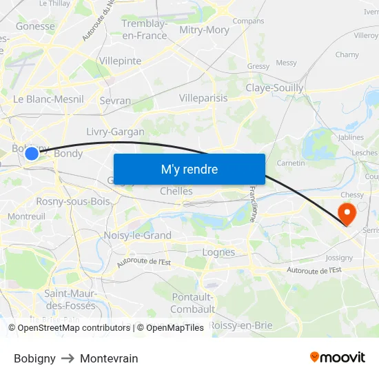 Bobigny to Montevrain map
