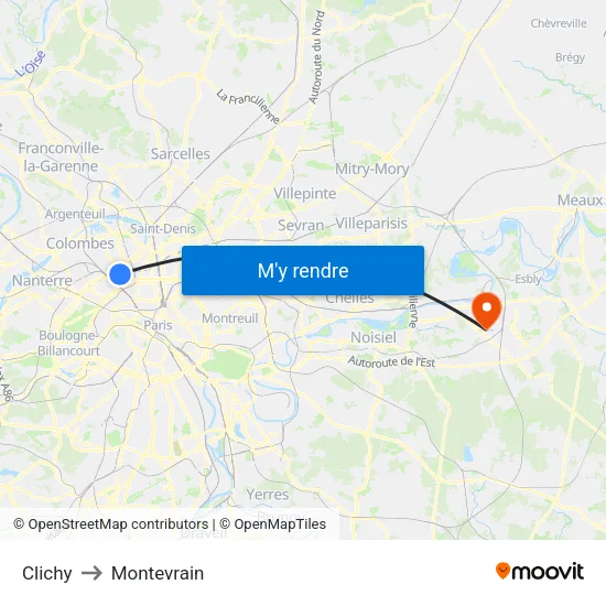 Clichy to Montevrain map
