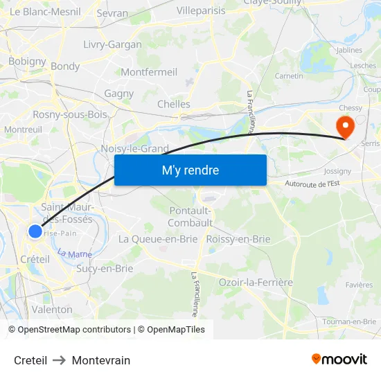 Creteil to Montevrain map