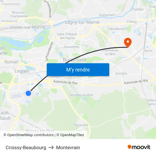 Croissy-Beaubourg to Montevrain map