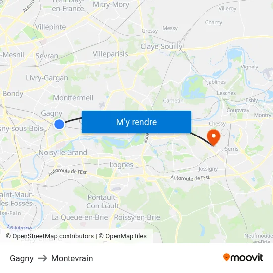 Gagny to Montevrain map