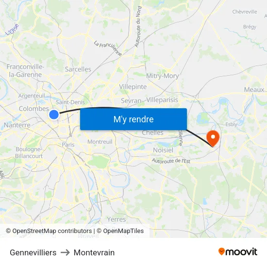 Gennevilliers to Montevrain map