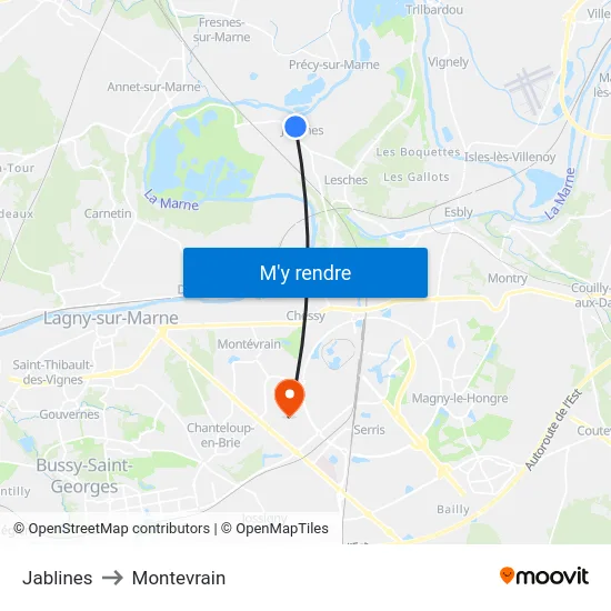Jablines to Montevrain map