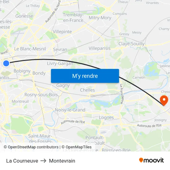 La Courneuve to Montevrain map