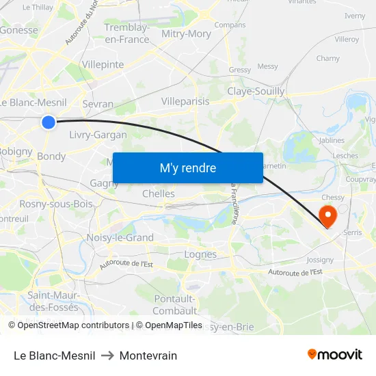 Le Blanc-Mesnil to Montevrain map