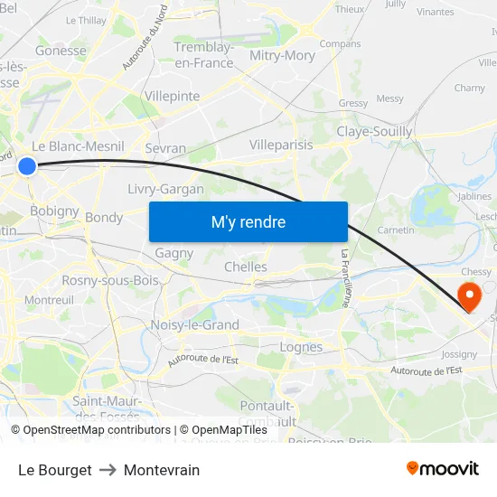 Le Bourget to Montevrain map