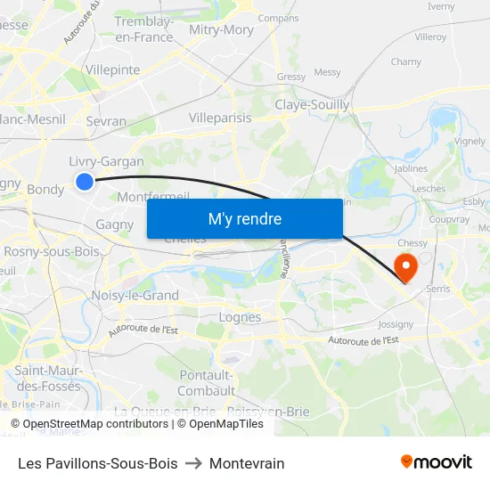 Les Pavillons-Sous-Bois to Montevrain map