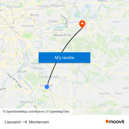 Lieusaint to Montevrain map