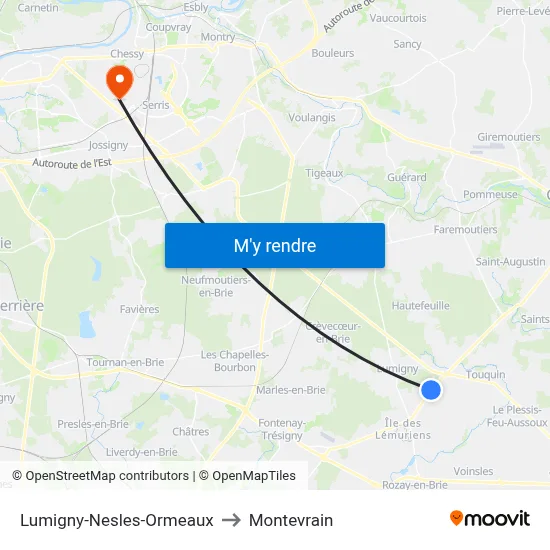 Lumigny-Nesles-Ormeaux to Montevrain map