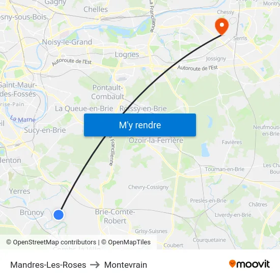 Mandres-Les-Roses to Montevrain map