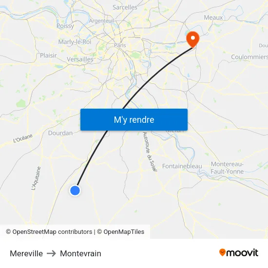 Mereville to Montevrain map