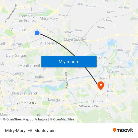 Mitry-Mory to Montevrain map