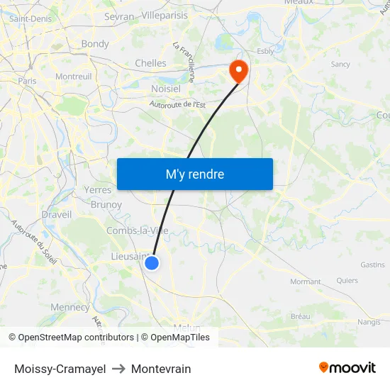 Moissy-Cramayel to Montevrain map