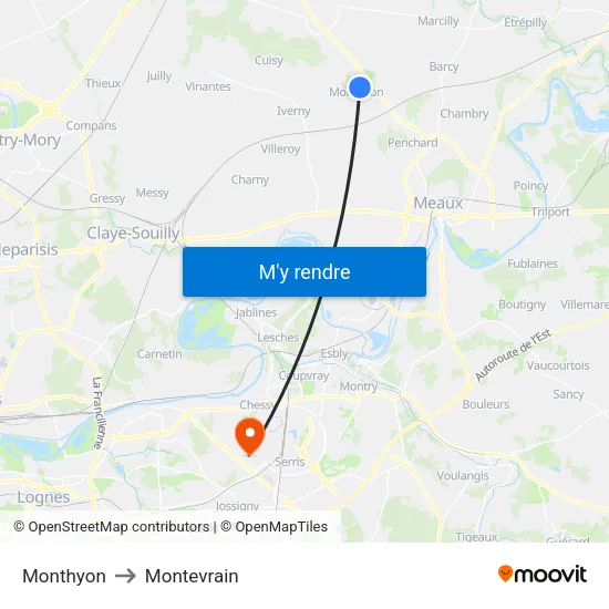 Monthyon to Montevrain map