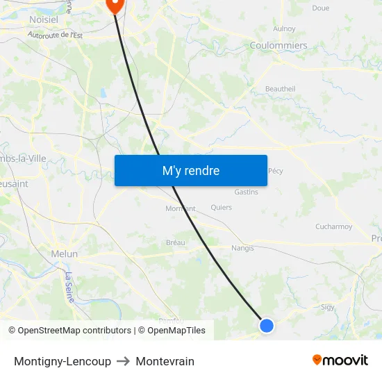 Montigny-Lencoup to Montevrain map