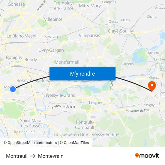 Montreuil to Montevrain map