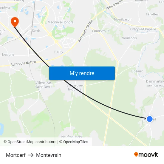 Mortcerf to Montevrain map