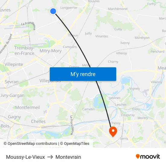 Moussy-Le-Vieux to Montevrain map