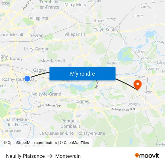 Neuilly-Plaisance to Montevrain map