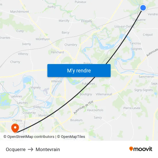 Ocquerre to Montevrain map