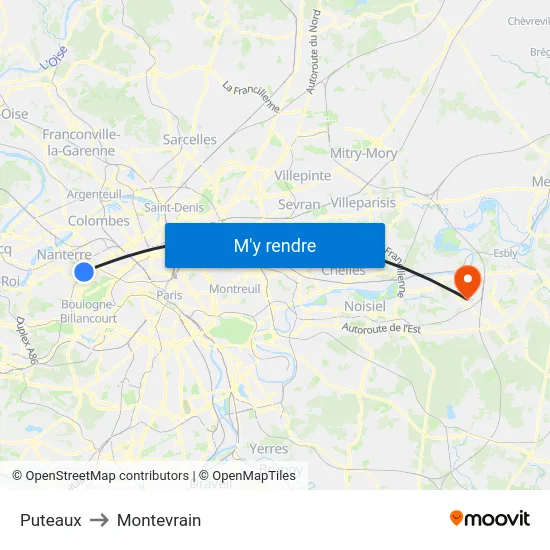 Puteaux to Montevrain map
