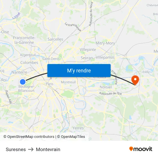 Suresnes to Montevrain map