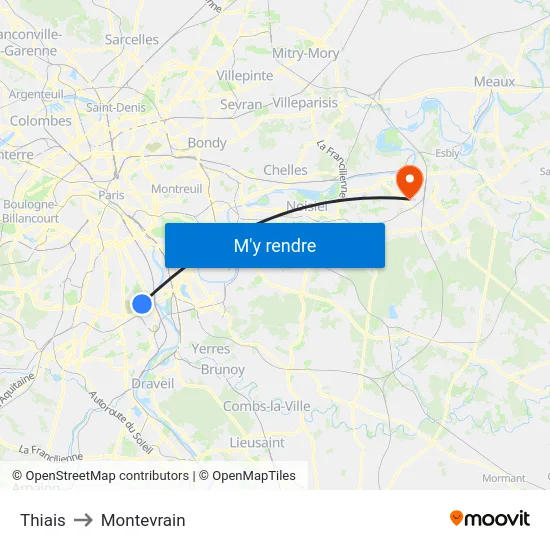 Thiais to Montevrain map