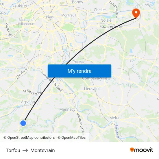 Torfou to Montevrain map