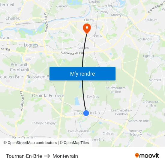 Tournan-En-Brie to Montevrain map