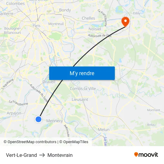 Vert-Le-Grand to Montevrain map