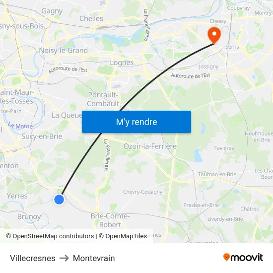 Villecresnes to Montevrain map