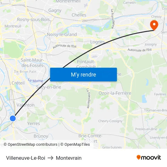 Villeneuve-Le-Roi to Montevrain map