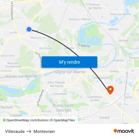 Villevaude to Montevrain map