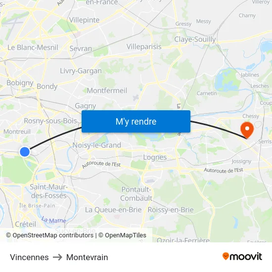 Vincennes to Montevrain map