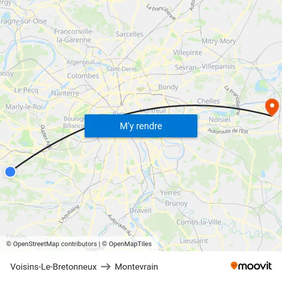 Voisins-Le-Bretonneux to Montevrain map