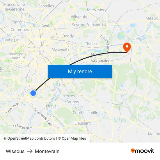 Wissous to Montevrain map