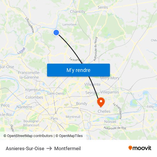 Asnieres-Sur-Oise to Montfermeil map