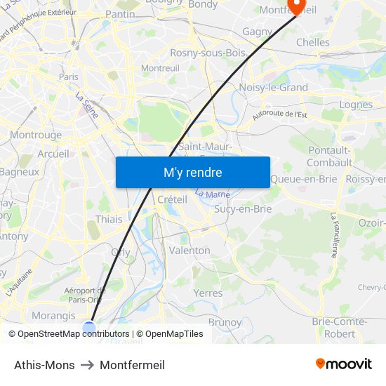 Athis-Mons to Montfermeil map