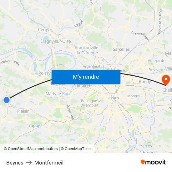 Beynes to Montfermeil map