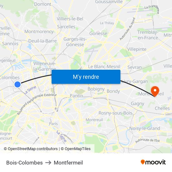 Bois-Colombes to Montfermeil map