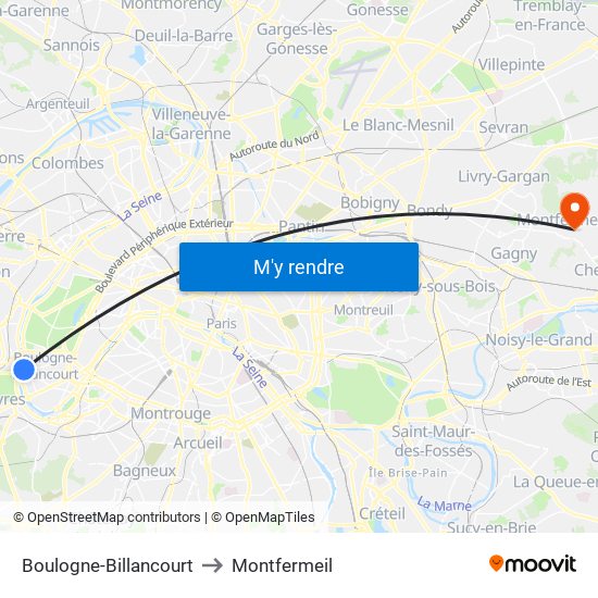 Boulogne-Billancourt to Montfermeil map