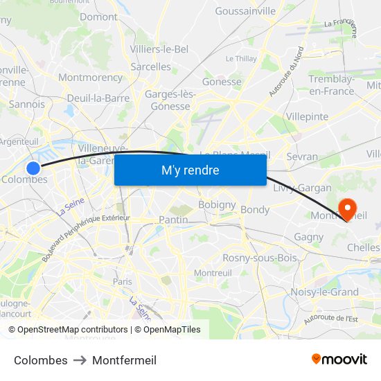 Colombes to Montfermeil map