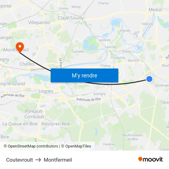 Coutevroult to Montfermeil map
