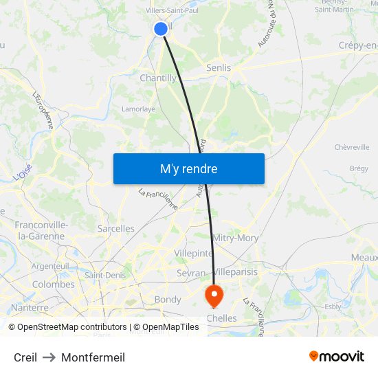 Creil to Montfermeil map