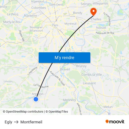 Egly to Montfermeil map
