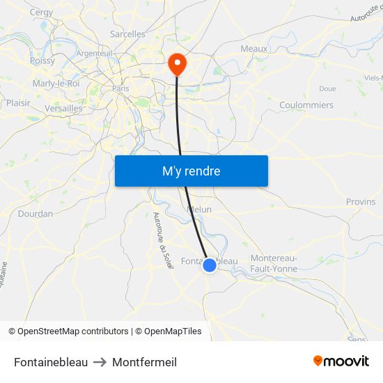 Fontainebleau to Montfermeil map